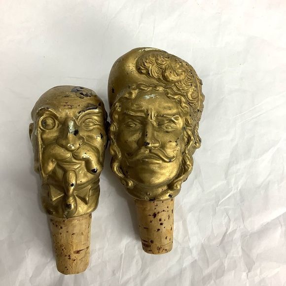 Vintage Hand Crafted Victorian Gold Painted Glass Men Wine Bottle Cork Stoppers - Picture 1 of 12
